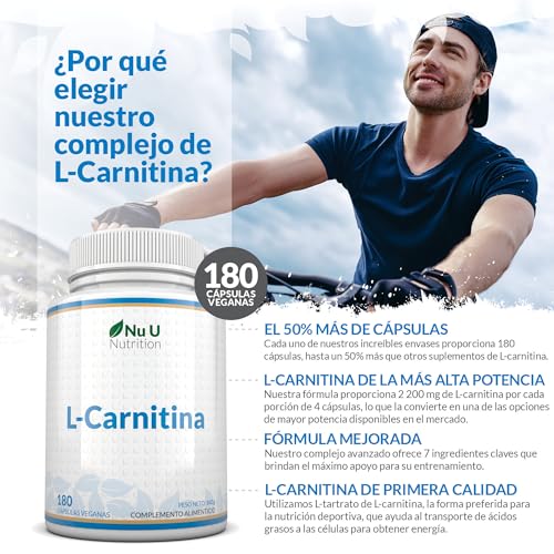 Miniatura 4 de L-Carnitina 2200mg - 180 Cápsulas Veganas de Alta Potencia - Con riboflavina, biotina, cromo, vitamina D, B3 y B6 - Tartrato de L-Carnitina - Fabricado en Europa - Nu U Nutrition
