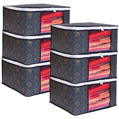 Image of LAXIS Saree Organiser for Wardrobe, Foldable Royal Print Saree Covers for Storage Set with Clear Window & Zipper, Golden-Navy Blue (Pack of 6)