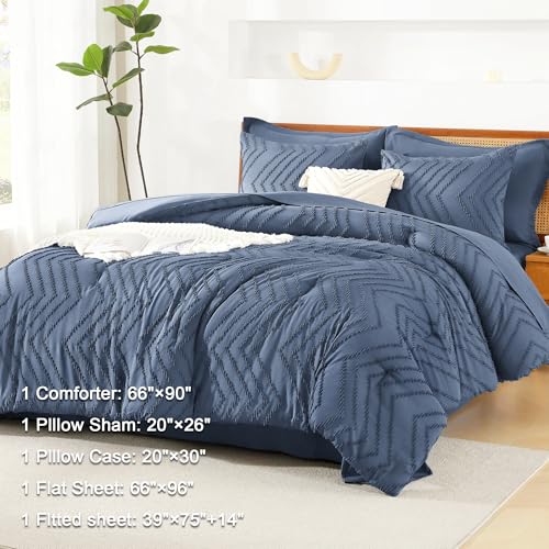 Image of Litanika Twin Comforter Set with Sheets Ocean Blue - 5 Pieces Boho Tufted Shabby Chic Bed in a Bag, Fluffy Soft Farmhouse Bed Set for All Seasons