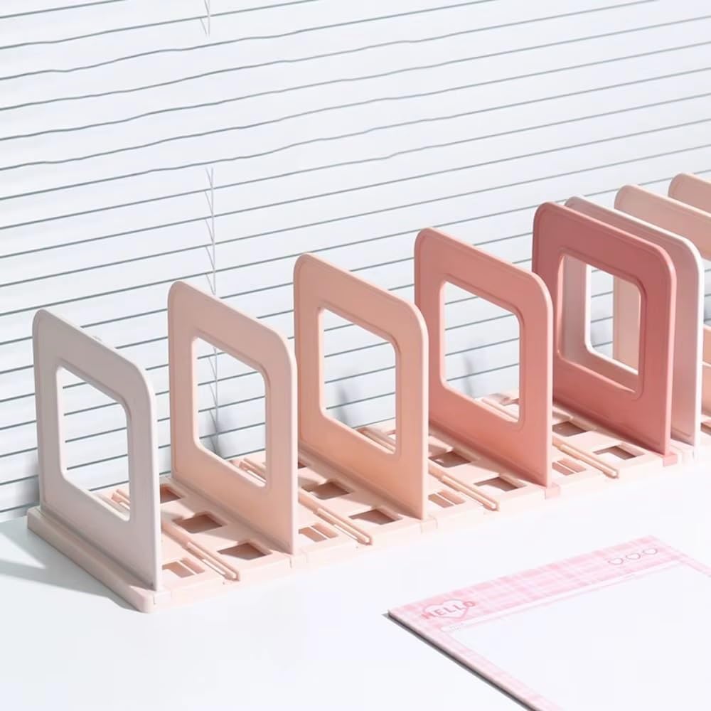 File Organizer Rack | Foldable File Sorter Office Desk Accessories | Durable & Sturdy | Easy Assembly | Book Holder Magazine Stand | for Office, Home (Pink, 4 Compartment)