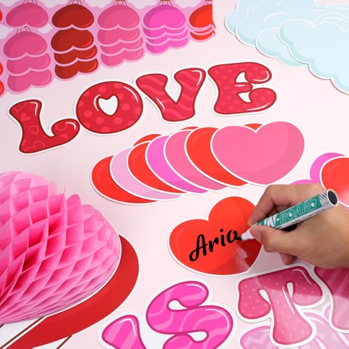 112Pcs Valentine's Day Classroom Bulletin Board Decorations - Love is in The Air Red Pink Love Heart Clouds Cutouts Hot Air Balloons Honeycombs Trims Sets for Classroom School Weeding Party Supplies - Thumbnail 4