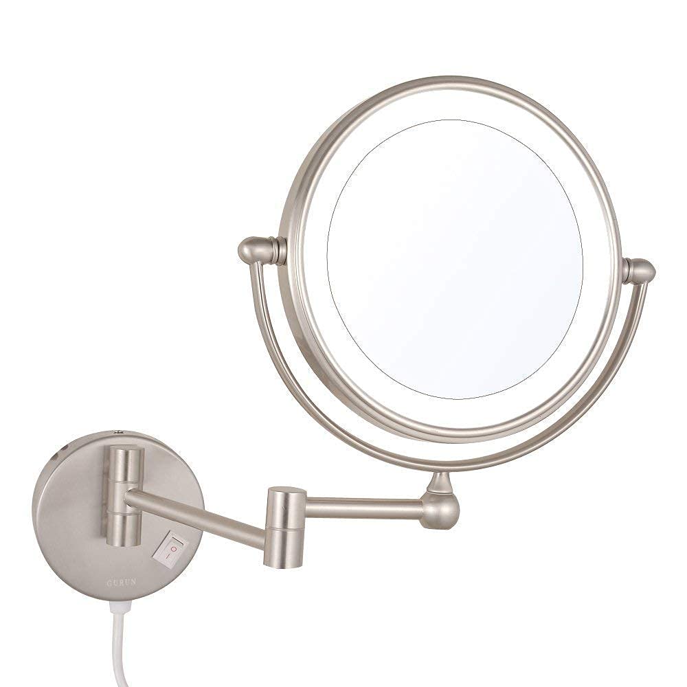 AMUCK LED-Badspiegel zur Wandmontage, 20,3 cm, doppelseitig, Messing, beleuchtete Vergrößerung, Make-up-Rasur, erweiterbar mit Schalter, elektrischem Stecker (Color : Nickel, Size : 5X)