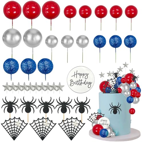 Morofme Spider Cake Topper Spider Web Cupcake Decorations Spiders Theme Cake Decor Glitter Happy Birthday Toppers Stars Red Silver Blue Balls Cupcake Topper for Boys Men Baby Shower Party Supplies