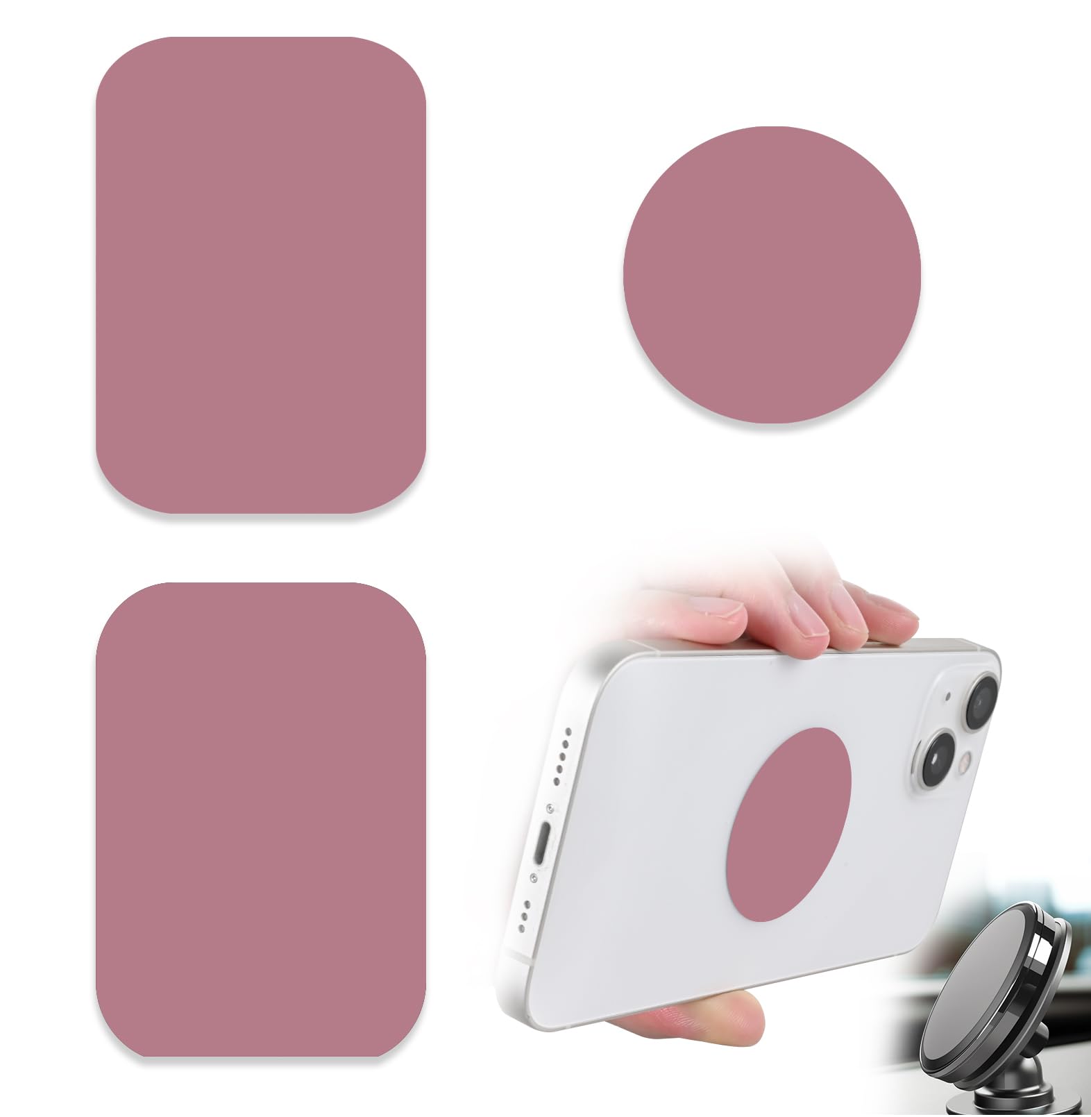 Phone Magnets for Back of Phone, Universal Metal Plates, 2 Rectangular and 2 Round with Adhesive, car Phone Magnets (Pink)
