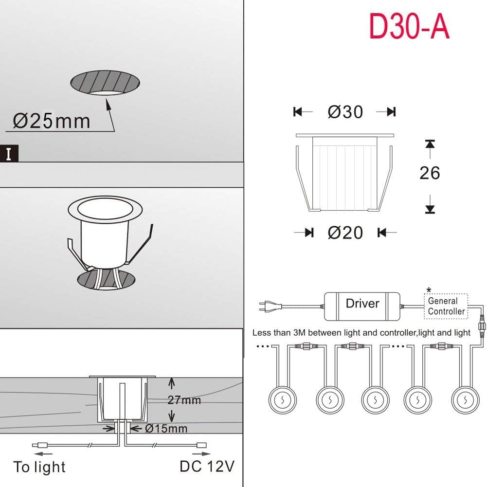 30 luci da incasso per terrazze, diametro 30 mm, 0,6 W, LED da incasso per esterni, 12 V, mini faretto a LED, con telecomando, IP67, impermeabile, compatibile con Alexa Google Home