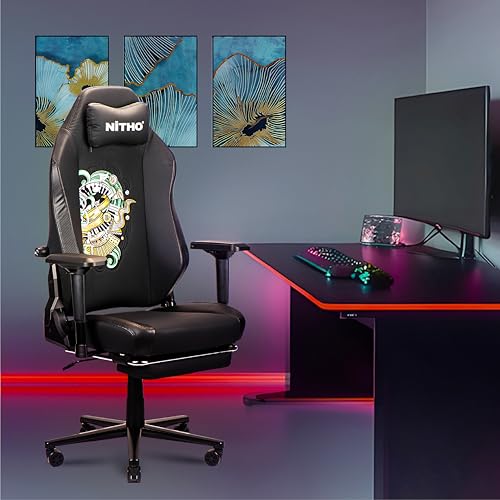 Image of NiTHO FORGE Gaming Office Chair | Ergonomic Reclining Computer Desk Chair with Magnetic Headrest, Foldable Footrest, Adjustable Lumbar Support, 4D Armrests, Swivel Chair for Work or Study, Black