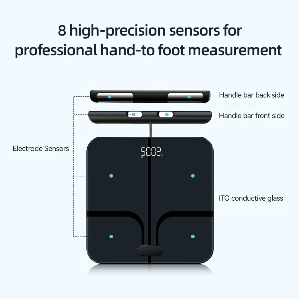 Fitdays FI2211WB-Waage für Körpergewicht und Fettanteil, 8 Elektroden, hochpräzise Digitalwaage für BMI 20 Körperzusammensetzung, intelligente Badezimmerwaage mit großem Farbdisplay (FI2211WB),