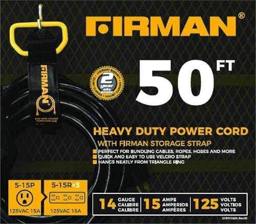 Firman 2020 50\' Medium Duty Generator Utility Power Cord, 5-15P to (3) 5-15R, 14 Gauge, 15A, 1875W, Outdoor Rated Extension Cord with Storage Strap for Jobsite, RV, Home, Backup Power - Thumbnail 2