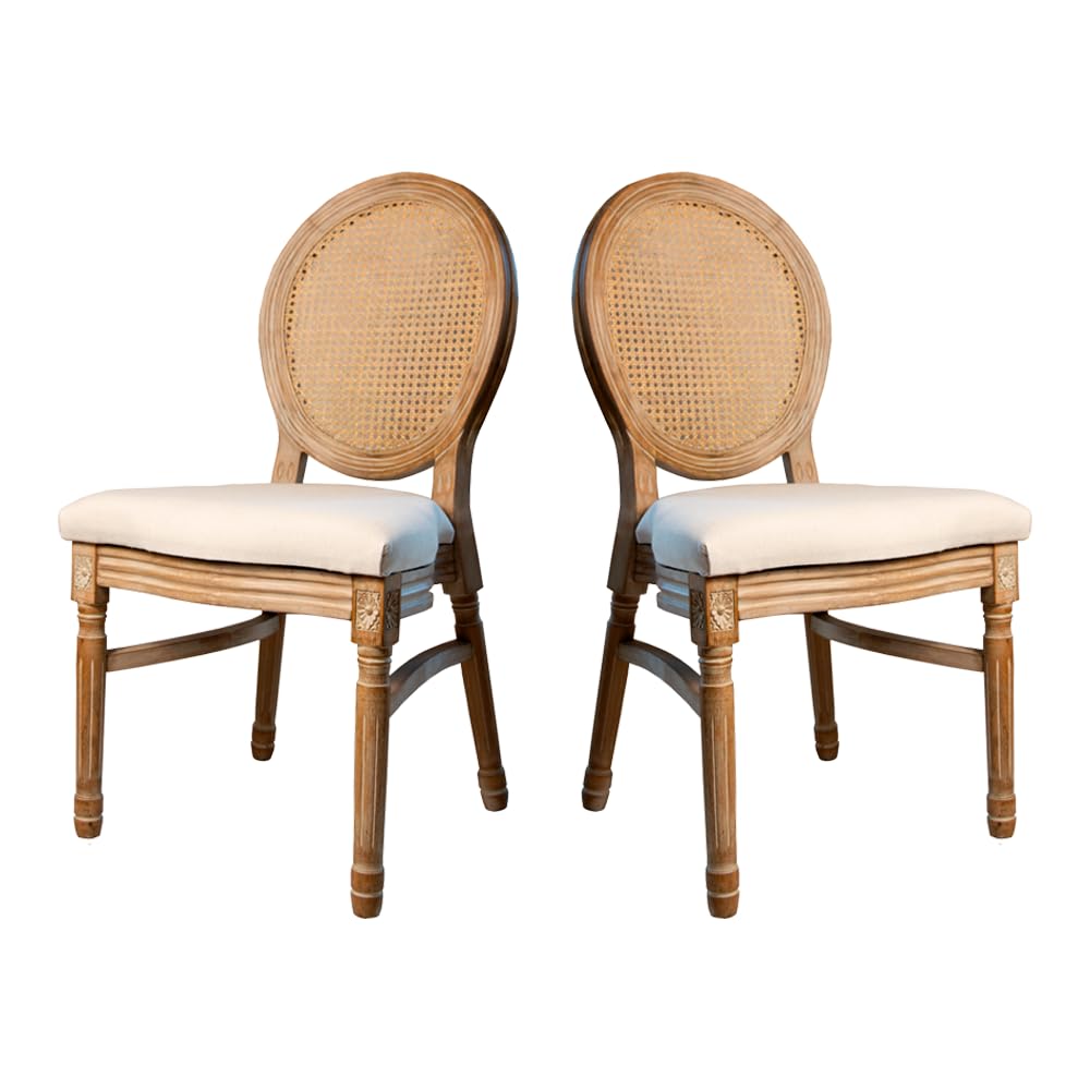 EME Juego de 2 Sillas Luis XVI de Estilo Clásicas Sillas con Asiento Acolchado y Respaldo Medallón de Rejilla de Ratán Ideal para Salón Comedor o Dormitorio Elegante Estilo Francés