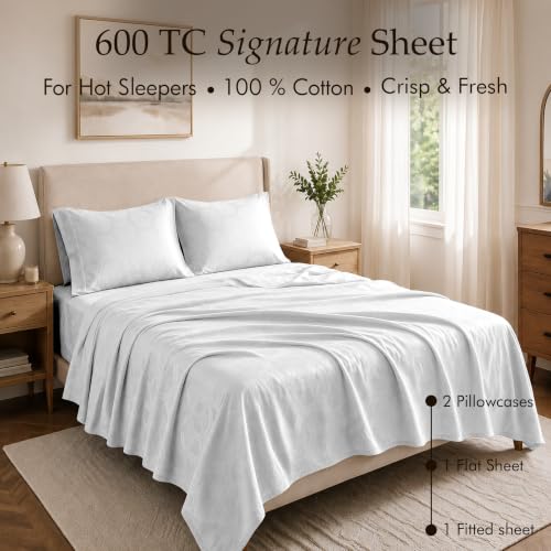 Image of Threadmill 100% Cotton Sheets for Full Size Bed - 600 Thread Count Full Bed Sheets Set with 16 inch Deep Pocket - Jacquard Sateen Weave 4-Piece Bedding Set with Cooling Effect, White