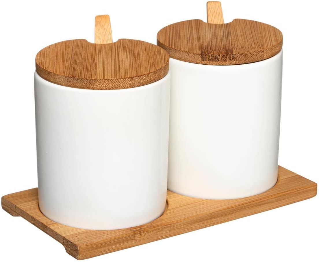 5five - 2 White Ceramic Seramik Jars with Bamboo Lids