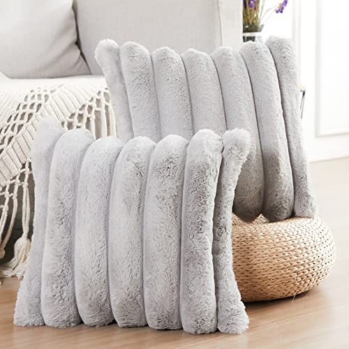 Joyouth Faux Fur Plush Throw Pillow Covers 24X24 Inch Set Of 2 - Luxury Decorative Fuzzy Striped Soft Cozy Pillowcase For Couch, Sofa, Living Room - Light Grey #TOP1