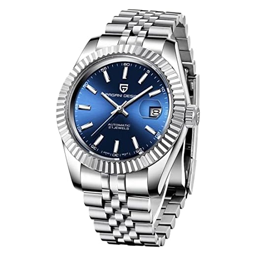 RollsTimi Orologio Automatico da Uomo, Movimento Meccanico Automatico Giapponese, Elite Business Watch, Acciaio Inox, Moda Casual, Resistente all'Acqua fino a 100m (Argento blu-PA-1645- PQ)
