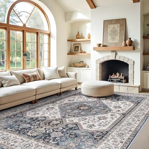 Living Room 9x12 Area Rugs - Large Boho Rugs for Living Room Stain Resistant Carpet Vintage Tribal Rugs for Bedroom Kitchen Bathroom with Non Slip Backing Home Decor Floor Decor Mat 9x12 Navy/Blue