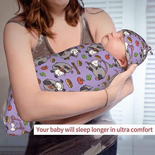 Image of Purple Possum Newborn Swaddle Blankets with Hat Sets Newborn Receiving Blanket for Boy Girl Swaddle Sack Shower Infant Gift