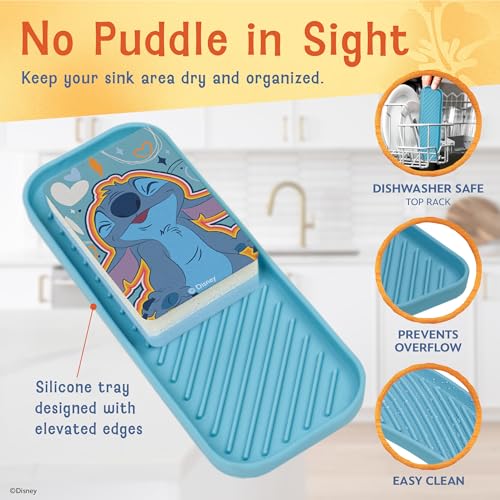 Image of Disney Stitch Sink Drain Strainer, Dish Sponge & Silicone Sink Tray Set | 3-piece set with a strainer to prevent clogs, a tray to keep things organized, and a scrubber for dishes and counters