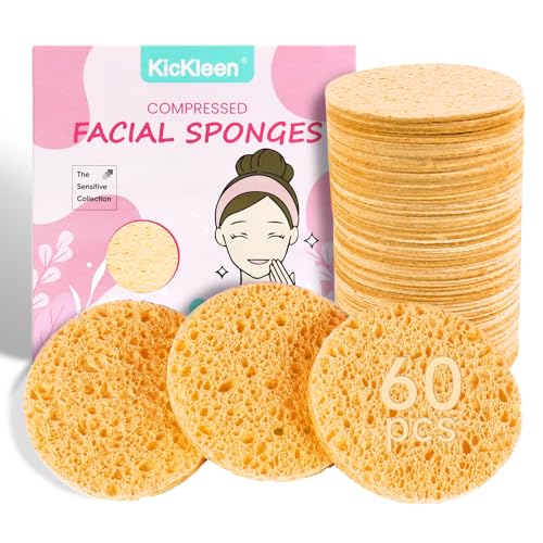 kickleen 50-Count Compressed Facial Sponges|Kickleen 100% Natural Cellulose Cosmetic Spa Sponges for Daily Facial Cleansing|Makeup and Mask Removal|Exfoliating|Skin Massage|Pore Exfoliation (50 Count (Pink))
