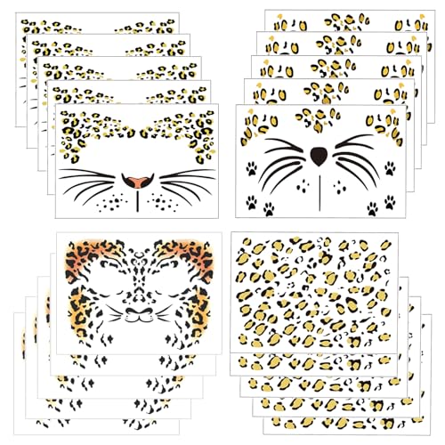 Lot de 20 feuilles de tatouages temporaires avec imprimé léopard - 4 styles - Doré - Motif guépard - Accessoires de maquillage pour femmes, hommes, garçons et filles - Décoration de fête d'Halloween