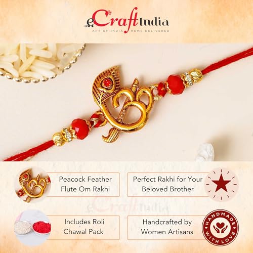 Image of eCraftIndia Peacock Feather Flute Om Rakhi for Brother with Gift Combo Set Hamper | Raksha Bandhan Rakhi for Bhai Bhaiya | Best Bro Ever Fridge Magnet | Roli Chawal Pack