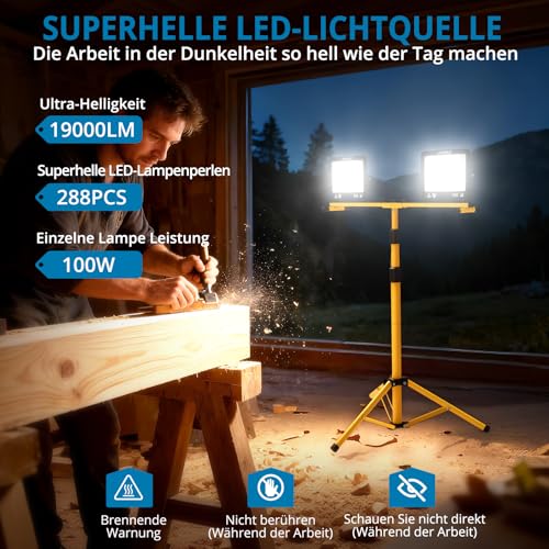 AUTOUTLET Baustrahler LED mit Stativ, 2x 100W 19000LM LED Strahler Arbeitsleuchte mit 3 Farbtemperaturmodi, verstellbarer Stativ & 5M Netzkabel IP66 Wasserdicht,abnehmbar Baulampe für Garage Baustelle