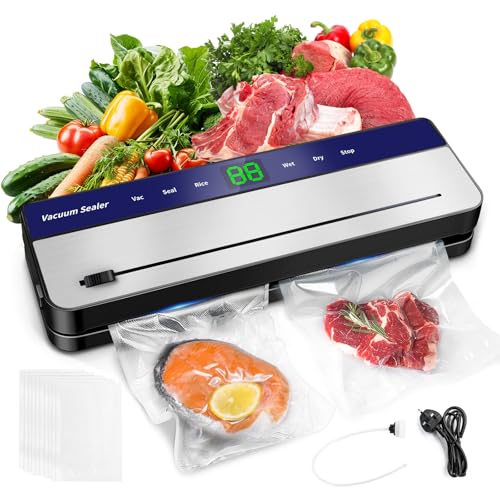 7 in 1 Vacuum Sealer Machine, 65 Kpa 30mm Longer Seal Food Sealer with 50Pcs Vacuum Sealer Bags for Vac/Seal/Rice/Wet Dry Mode, Built-in Cutter and Visible LED Digital Countdown Display