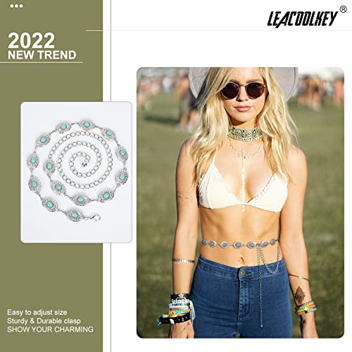 Leacoolkey Women Turquoise Concho Chain Waist Belt Silver Western Metal Boho Body Chain Waist Belt For Dress Adjustable #TOP4