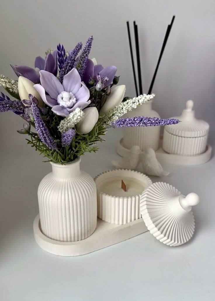 Ceramic Flower Vase and Candle Gift Set, Handcrafted Home Decor Centerpiece, Office Accent Showpiece, Set of 3-image-44