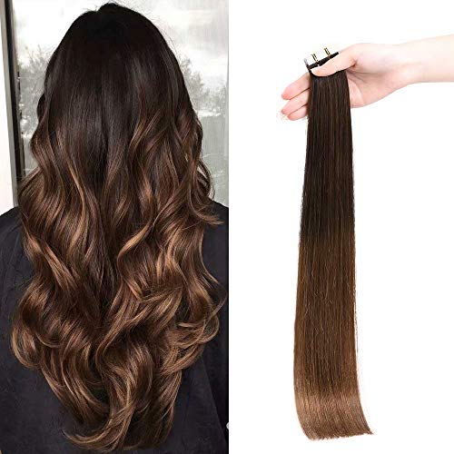 Maxfull Brown Ombre Tape In Human Hair Extensions, Undetectable Double Sided Seamless Real Remy Hair Extensions, 20pcs, 22inch, 50g