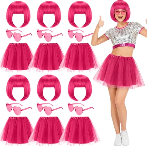 Image of Wesiti 24 Pcs 6 Sets Wigs Tutus Glasses for Women Costume,Rose Red,Lovely
