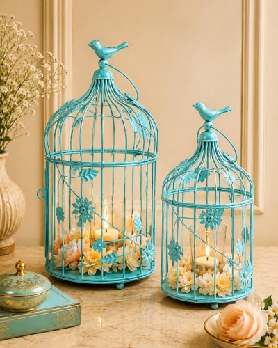 Image of Homesake Hot Turquoise Hanging Metal Lantern Candle Holders Set of 2 with Floral Vine & Hanging Chain | Decorative Tealight Candle Lanterns for Balcony, Garden, Living Room, Wedding & Home Decor