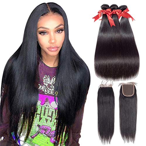 Brazilian Human Hair Straight Bundles with Closure (20 22 24 + 20 Free Part),Ladoux 7A 100％ Unprocessed Virgin Human Hair Bundles with 4x4 Lace Closure Straight Weave Hair Extensions Natural Color