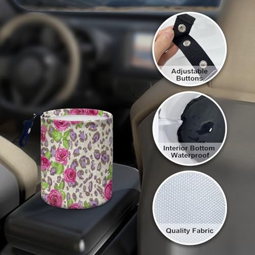 Image of Leopard Purple Rose Mini Trash Bin Waterproof Multipurpose Car Organizer for Women Interior