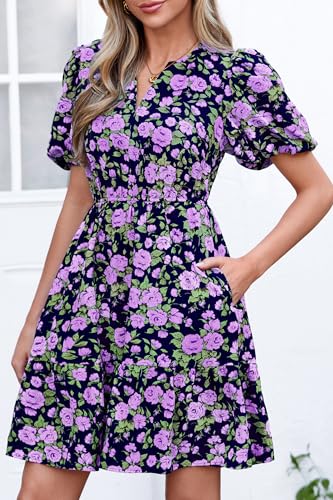 dowerme Women Summer Casual Dresses 2026 Puff Short Sleeve V Neck Floral Boho Midi Dress Flowy Ruffle Spring Sundress(Floral Purple,Medium) — view 3