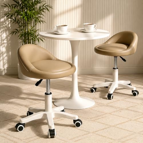 Image of Swivel Rolling Stool with Wheels, Height Adjustable PU Leather Drafting Chair, Round Seat for Salon, Spa, Tattoo, Office, Home Use Khaki Set of 2