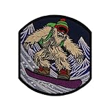 Bigfoot Snowboards Down Mountain Slopes. Embroidered Patch Iron On. Size: 3.5 x 3.9 inches.