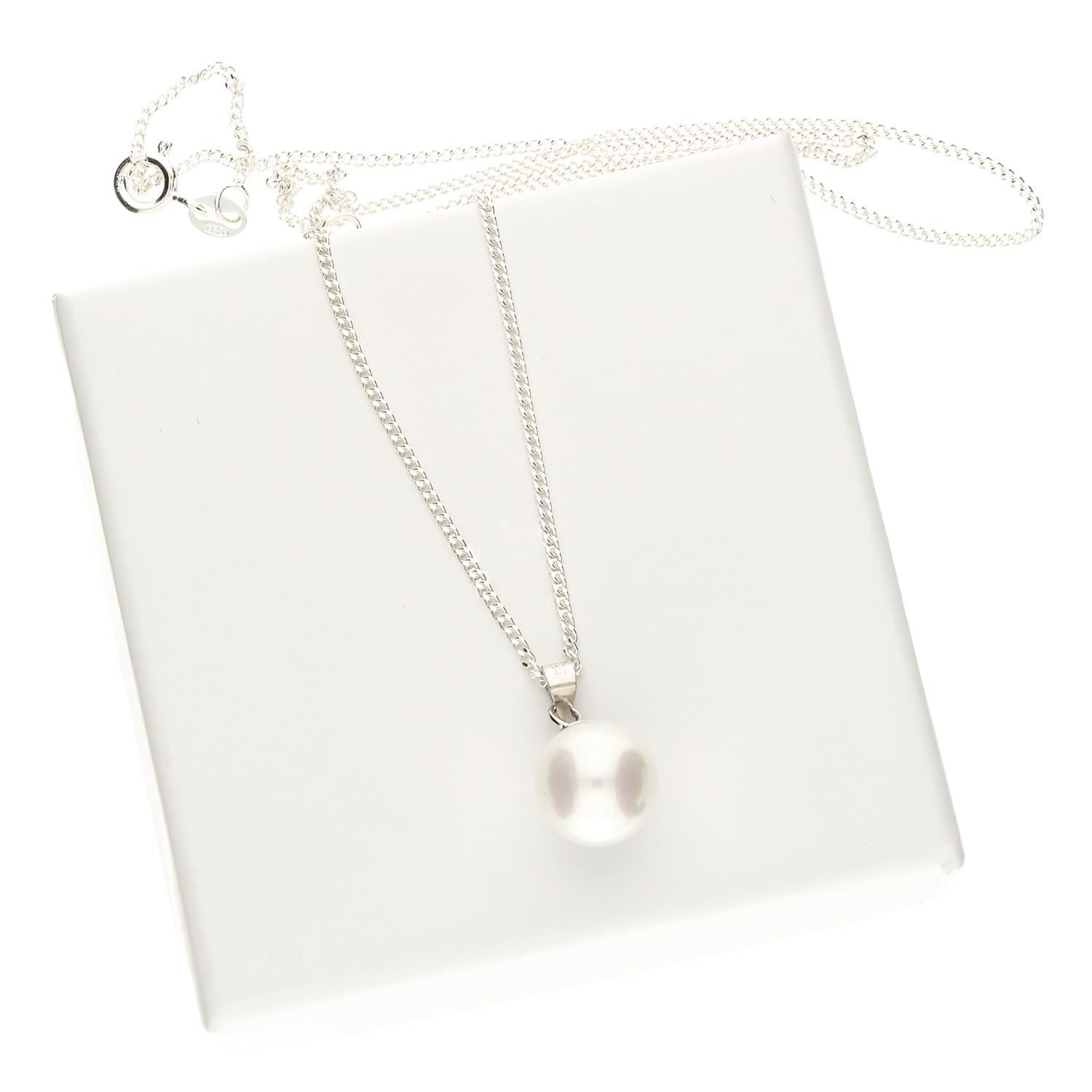 Damen Halskette Kette 925 Sterling Silber mit Perlen Anhänger 10mm 45cm Perlenkette Perlenahnänger Weiß MYASIKET-15B