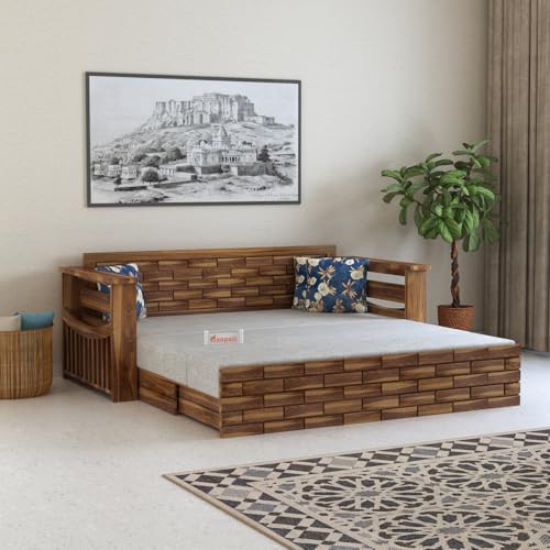 Image of Ganpati Arts Solid Sheesham Wood 3 Seater Italian Sofa Cum Bed with Storage and Side Pockets for Living Room Wooden Sofa Bed for Home - Teak Finish 1 Year Warranty