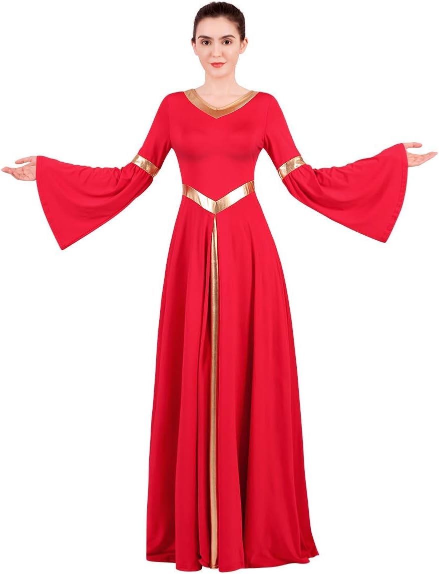 Women Metallic Bell Long Sleeve Praise Dance Dress Loose Fit Full Length Liturgical Lyrical Dancewear Worship Costume - Image 2