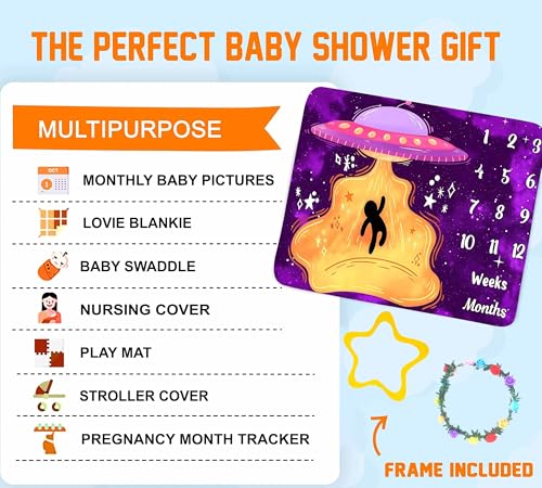 Image of UFO Baby Monthly Milestone Blanket, 60x40in Soft Flannel, Alien Round Spaceship, Newborn Mom Gifts, Baby Shower Age Growth Tracker with Bonus Maker (Purple Pink, 60x40in)