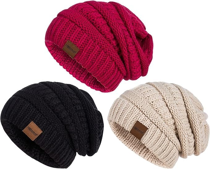 Womens Beanies for Winter 3 Pack, Slouchy Beanies for Women Oversized Knit Warm, Winter Hats for Women Thick for Cold Weather(Black+Oatmeal+Red)-001