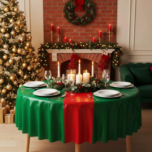 Image of Remagr 6 Pcs Round Plastic Tablecloth 84 Inch Disposable Tablecloth Party Table Cover for Graduation Wedding Birthday Retirement Decoration (Red,Green)