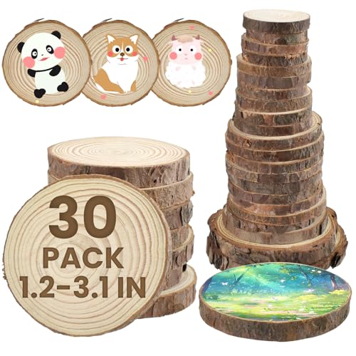MARRTEUM 30Pcs 1.2-3.1 Unfinished Natural Wood Slices Round Wood with Tree Bark Discs Circles Cookies for DIY Arts & Crafts Coaster Christmas Ornaments Rustic Wedding Decoration