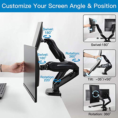 Image of Audiovan Gas Monitor Mounts - Articulating Arm, Adjustable VESA Mount Desk Stand with Clamp and Grommet Base. (Black, F-160-Dual Arm Gas Spring)