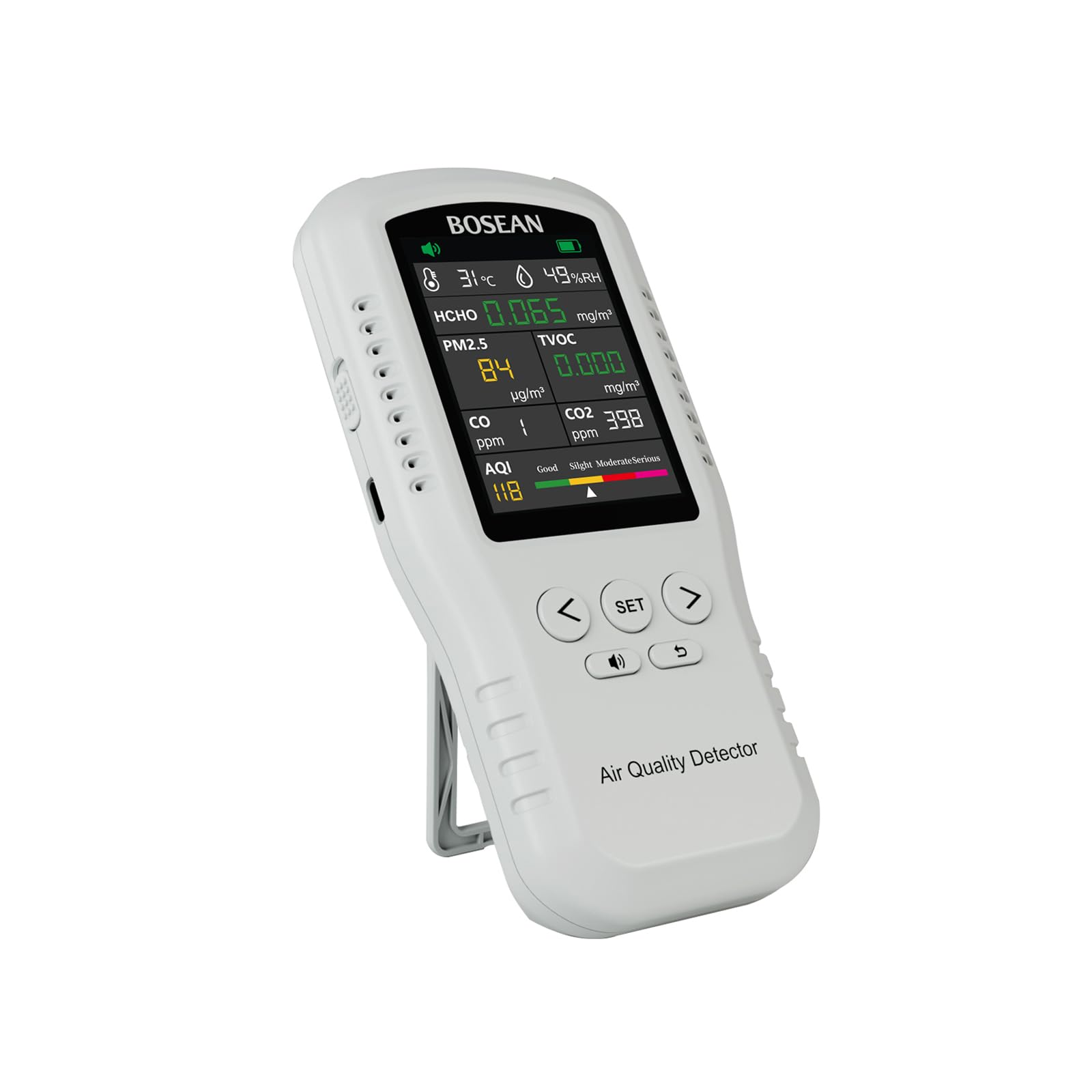 BOSEAN Air Quality Monitor, Indoor Quality Meters, Formaldehyde Detector, Temperature and Humidity Sensor, 8 in 1 Air Tester Detects HCHO, PM2.5, TVOC, T&H, CO, CO2 and AQI for Home