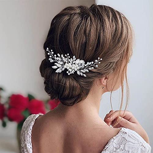 Latious Pearl Bride Wedding Hair Comb Silver Crystal Bridal Hair Pieces Leaf Hair Clip Hair Accessories For Women And Girls (A-Silver) #TOP17