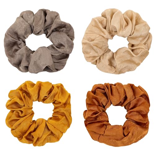 Image of Silk Satin Scrunchies Women Hair Ties - Ivyu Big Scrunchy Ponytail Holder No Crease Hair Bands Soft Elastic No Hurt Your Hair for Vsco Girl Women Beige Gray Dard Yellow Light Yellow