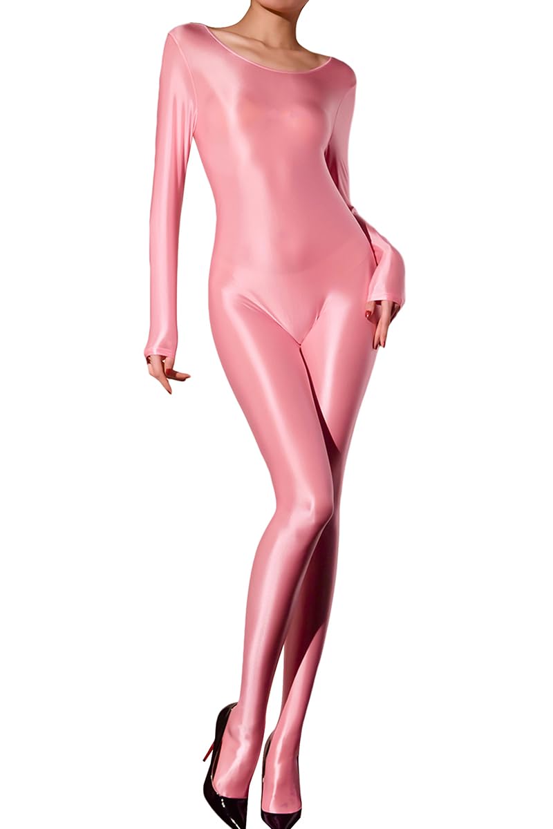 Bodystocking for Women Long-sleeved Full-body Suit, Satin Jumpsuit Sexy Crotchless Bodysuit
