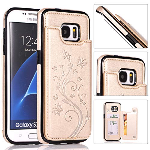 QFUN Back Wallet Case for Samsung Galaxy S7 Edge with Stand, Elegant Embossed Design [Butterfly Flower] Lightweight Slim Fit Leather Phone Case with Card Holder Protective Bumper Flip Cover - Gold
