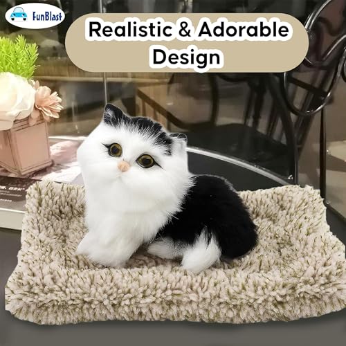 Image of FunBlast Cute Cat Plush Toy with Meow Sound, Toy Accessories for Car Dashboard & Home Decor, Realistic Cat Pet Toys with Bed, Gift for Kids (Black+White)