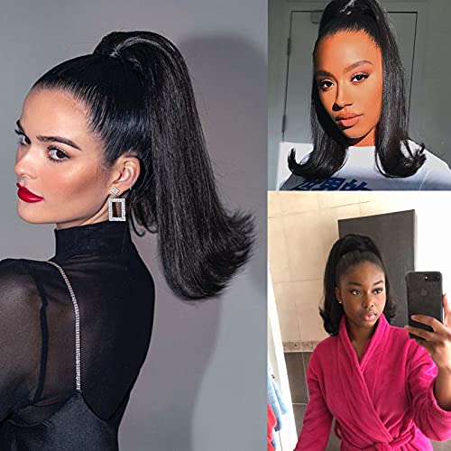 Tail Warping Black Fake Ponytail 16" Kinky Straight Drawstring Ponytail for Women.KRSI Bratz type Ponytails Hair Tip Flip Up Black Hair Extensions Ponytail Wigs for Women(1B)